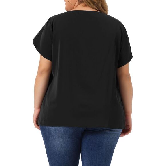 Plus Size Tops Women Round Neck Basic Pleated Top Tulip Sleeves Blouse Black - Picture 4 of 6